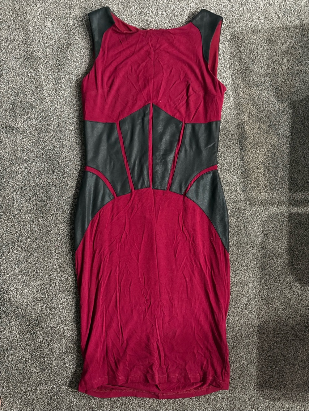VENUS Burgundy and Black Faux-Leather Panel Bodycon Dress